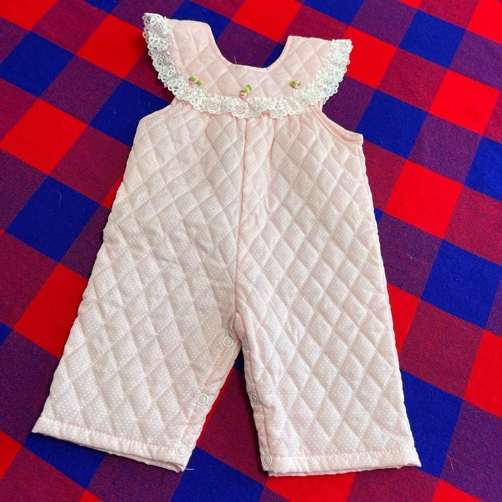 Evy Of California Girls VTG Pink White Lacey Romper Jumper Size 0-6M